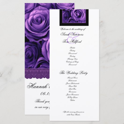 PAARSE ROZEN en PAARSE kant huwelijksprogramma Programmakaart (Voorkant / Achterkant)