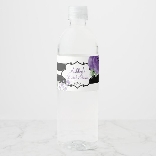 Paarse Rozen en strips Waterfles Etiket (Voorkant)
