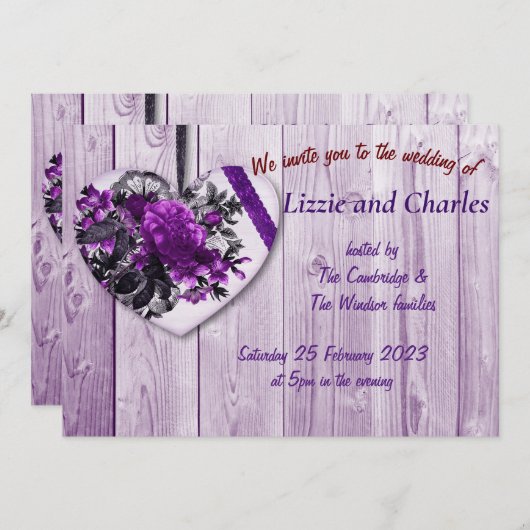 Paarse rozen en uitnodiging voor een hartbruiloft (Voorkant / Achterkant)