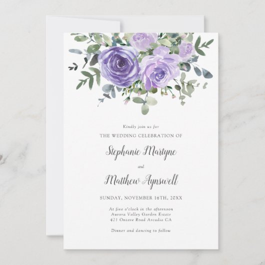 Paarse Rozen Eucalyptus botanische bruiloft Kaart (Voorkant)