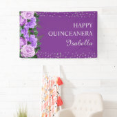 Paarse Rozen Floral Glitter Happy Quinceañera Spandoek (Insitu)