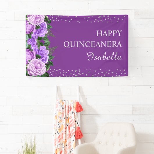 Paarse Rozen Floral Glitter Happy Quinceañera Spandoek (Insitu)