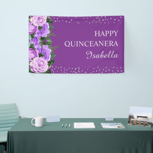 Paarse Rozen Floral Glitter Happy Quinceañera Spandoek (Beurs)