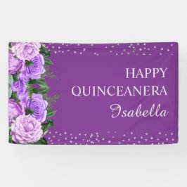 Paarse Rozen Floral Glitter Happy Quinceañera Spandoek