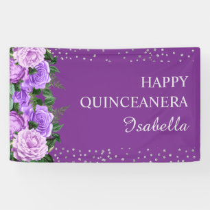Paarse Rozen Floral Glitter Happy Quinceañera Spandoek