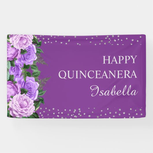 Paarse Rozen Floral Glitter Happy Quinceañera Spandoek (Horizontaal)
