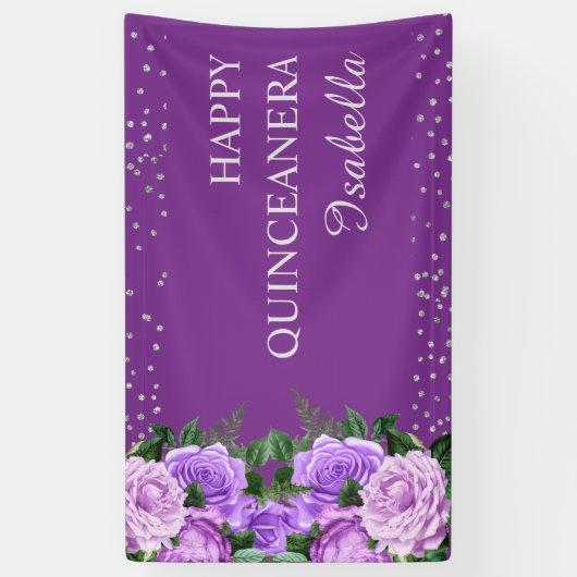 Paarse Rozen Floral Glitter Happy Quinceañera Spandoek (Verticaal)
