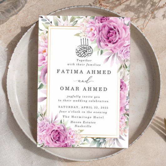 Paarse Rozen Floral Islamitisch Moslim Bruiloft Kaart
