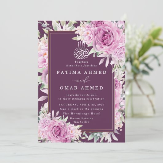 Paarse Rozen Floral Islamitisch Moslim Bruiloft Ui Kaart (Staand voorkant)