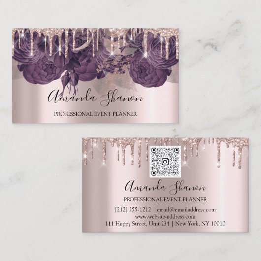 Paarse Rozen Glitter Drift Logo Event Planner Visitekaartje (Voorkant / Achterkant)