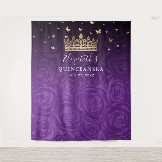 Paarse Rozen Gold Black Photo Backdrop Tapestation Wandkleed (Voorkant)