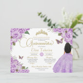 Paarse Rozen Gold Tiara Butterfly Elegant Quince Kaart (Staand voorkant)