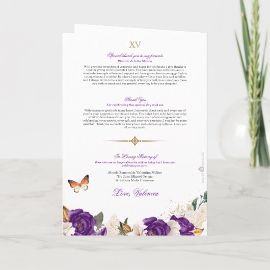 Paarse Rozen Gold Tiara Butterfly Quinceanera Programma (Achterkant)