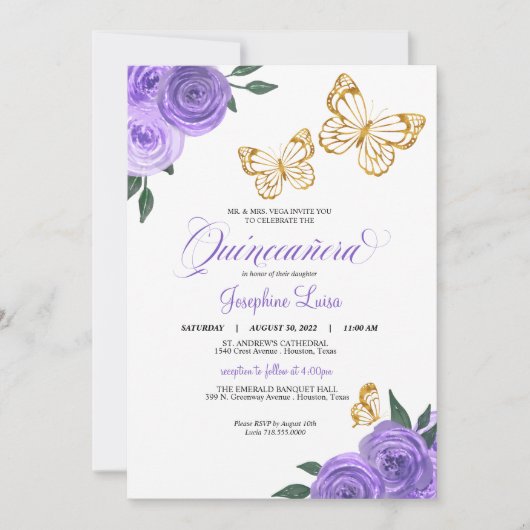 Paarse Rozen Golden Butterfly Quinceañera Birthday Kaart (Voorkant)