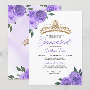 Paarse Rozen Golden Tiara Quinceañera Birthday Inv Kaart