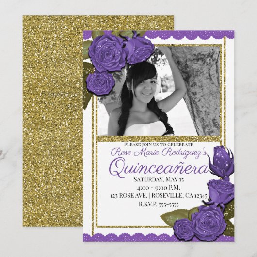 Paarse Rozen gouden glitter quinceañera verjaardag Kaart (Voorkant / Achterkant)