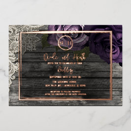 Paarse Rozen Grijs hout en Rustic Wedding Folie Uitnodiging