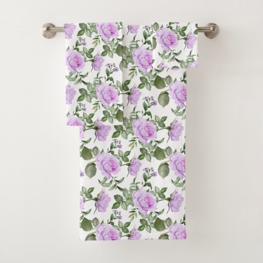 Paarse Rozen Groene Bloemen Elegant Cadeau Bad Handdoek (Insitu)