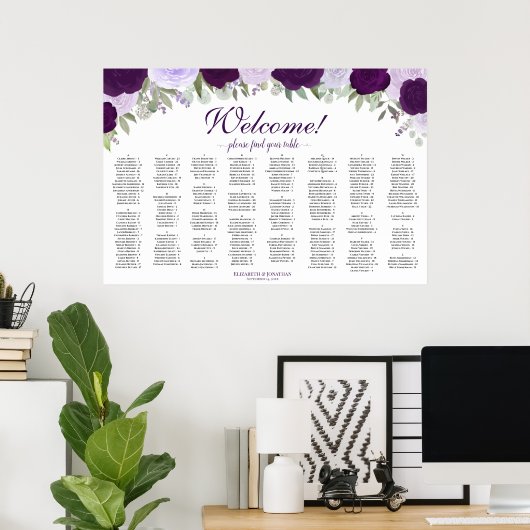 Paarse Rozen Horizontale Alfabetische Zitting Graf Poster (Thuiskantoor)