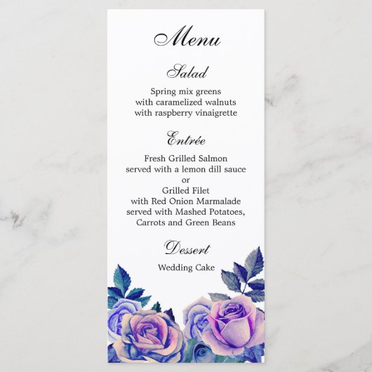 Paarse rozen huwelijksdiner menu Bloemenmenu feest (Voorkant)