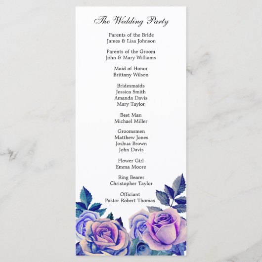 Paarse rozen huwelijksprogramma. Bloemenceremonie Programmakaart (Achterkant)