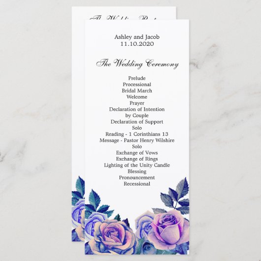 Paarse rozen huwelijksprogramma. Bloemenceremonie Programmakaart (Voorkant / Achterkant)