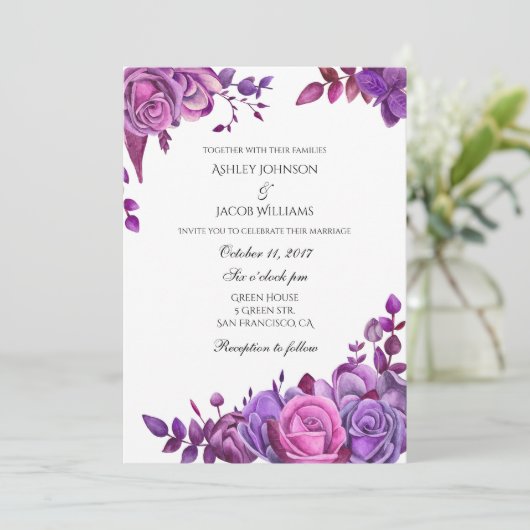 Paarse rozen huwelijksuitnodiging Roze bloemenuitn Kaart (Staand voorkant)