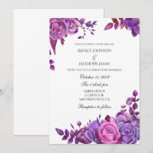 Paarse rozen huwelijksuitnodiging Roze bloemenuitn Kaart (Voorkant / Achterkant)