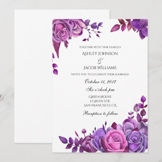 Paarse rozen huwelijksuitnodiging Roze bloemenuitn Kaart (Voorkant / Achterkant)