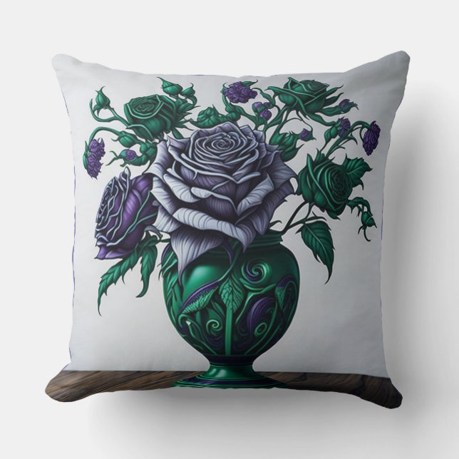 Paarse Rozen in een Emerald Green Vase Pillow Kussen (Voorkant)