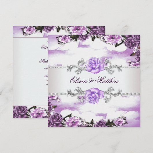 Paarse Rozen Lavendel Paarse witte wolk bruiloft Kaart (Voorkant / Achterkant)