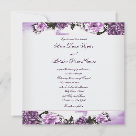 Paarse Rozen Lavendel Paarse witte wolk bruiloft Kaart (Achterkant)