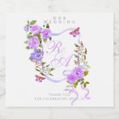 Paarse Rozen lint monogram bruiloft Sparkling Wijnetiket (Enkel label)