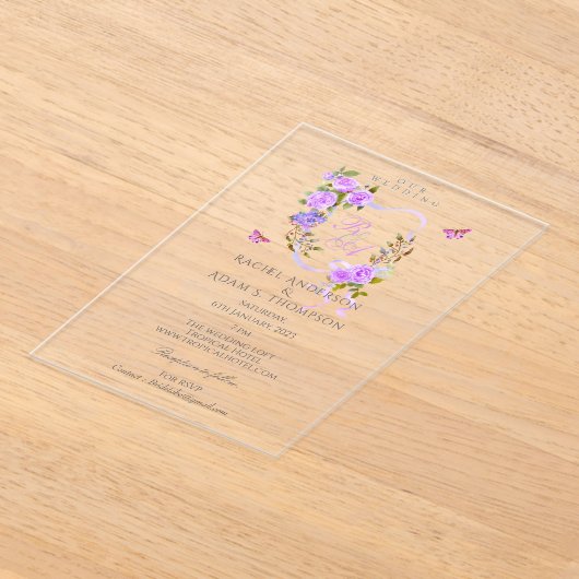 Paarse Rozen lint monogram bruiloft uitnodiging (Laagn)