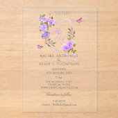 Paarse Rozen lint monogram bruiloft uitnodiging (Voorkant)