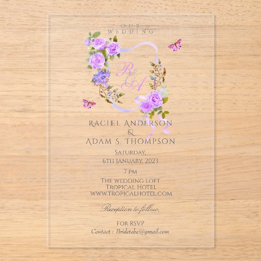 Paarse Rozen lint monogram bruiloft uitnodiging (Voorkant)