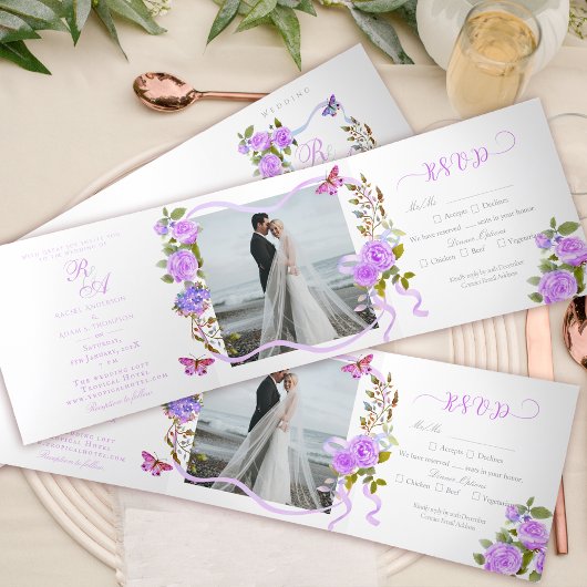 Paarse Rozen lint monogram bruiloft uitnodiging