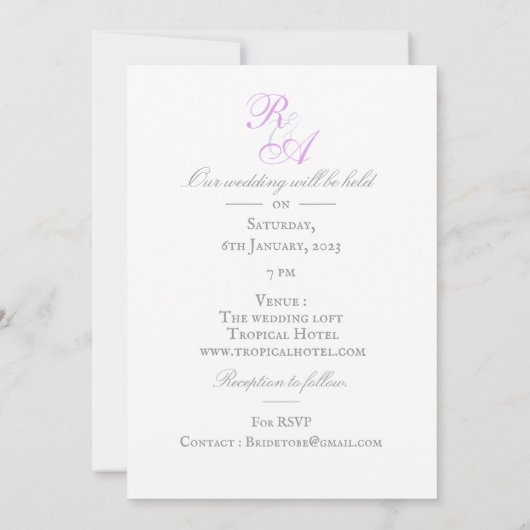 Paarse Rozen lint monogram bruiloft uitnodiging (Achterkant)