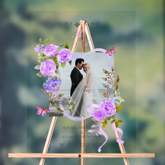 Paarse Rozen lint monogram foto bruiloft Acryl Bord (Neutraal)