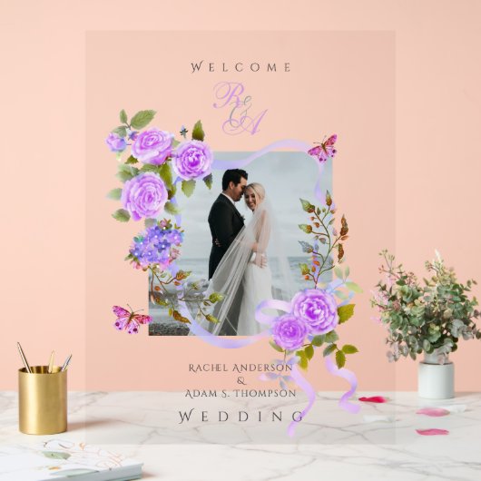 Paarse Rozen lint monogram foto bruiloft Acryl Bord (Huwelijk)