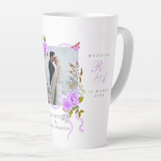 Paarse Rozen lint monogram foto bruiloft Latte Mok (Rechterhoek)