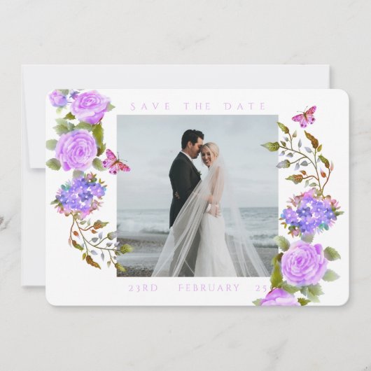 Paarse Rozen lint monogram foto bruiloft Save The Date (Voorkant)