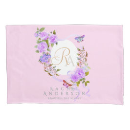 Paarse Rozen lint Monogram Roze Kussensloop