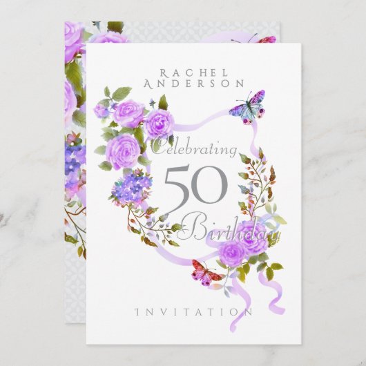 Paarse Rozen lint verjaardagsuitnodiging Feestdagenkaart (Voorkant / Achterkant)