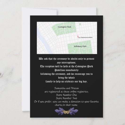 Paarse Rozen met een gouden moth Gothic Wedding Kaart (Achterkant)