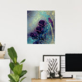 Paarse rozen met vogel op een zilveren boom poster (Thuiskantoor)