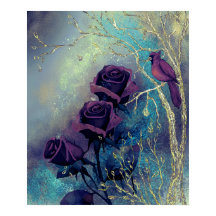 Paarse rozen met vogel op een zilveren boom