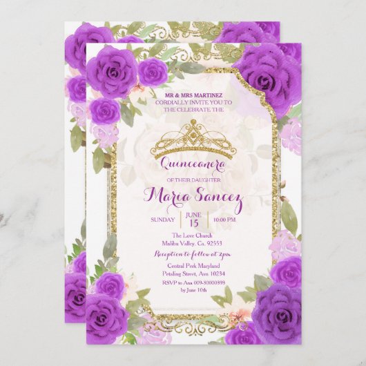 Paarse Rozen Mexicaanse Charra Mis Quince Uitnodig Kaart (Voorkant / Achterkant)