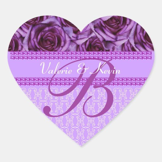Paarse Rozen Monogram Letter B Bruiloft Sticker (Voorkant)