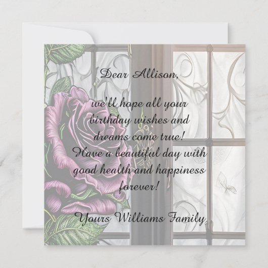 Paarse rozen op het raam - gothische verjaardag (Achterkant)